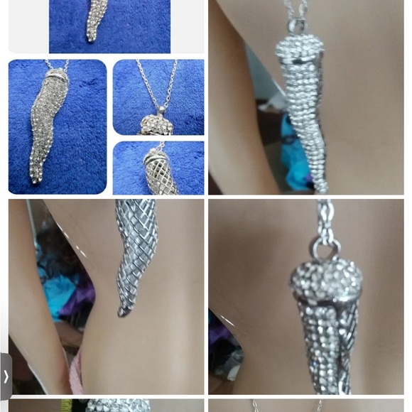LRG Crystal Italian horn necklace unisex new silver back new - Picture 3 of 8